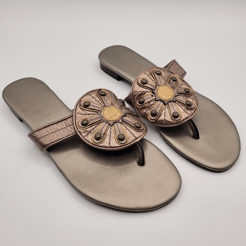 Talbots Woman's Sandals MetallicAnthracite leather Thong Flip Flop Size 7